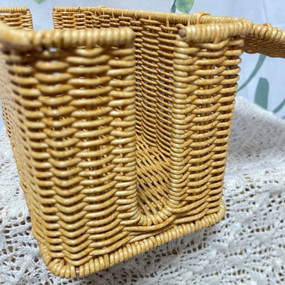 Handwoven Cable Management Box with Lid Hide Power Strip and Router Imitation Rattan Box 2 Open Slots Cord Organizer Hider Box