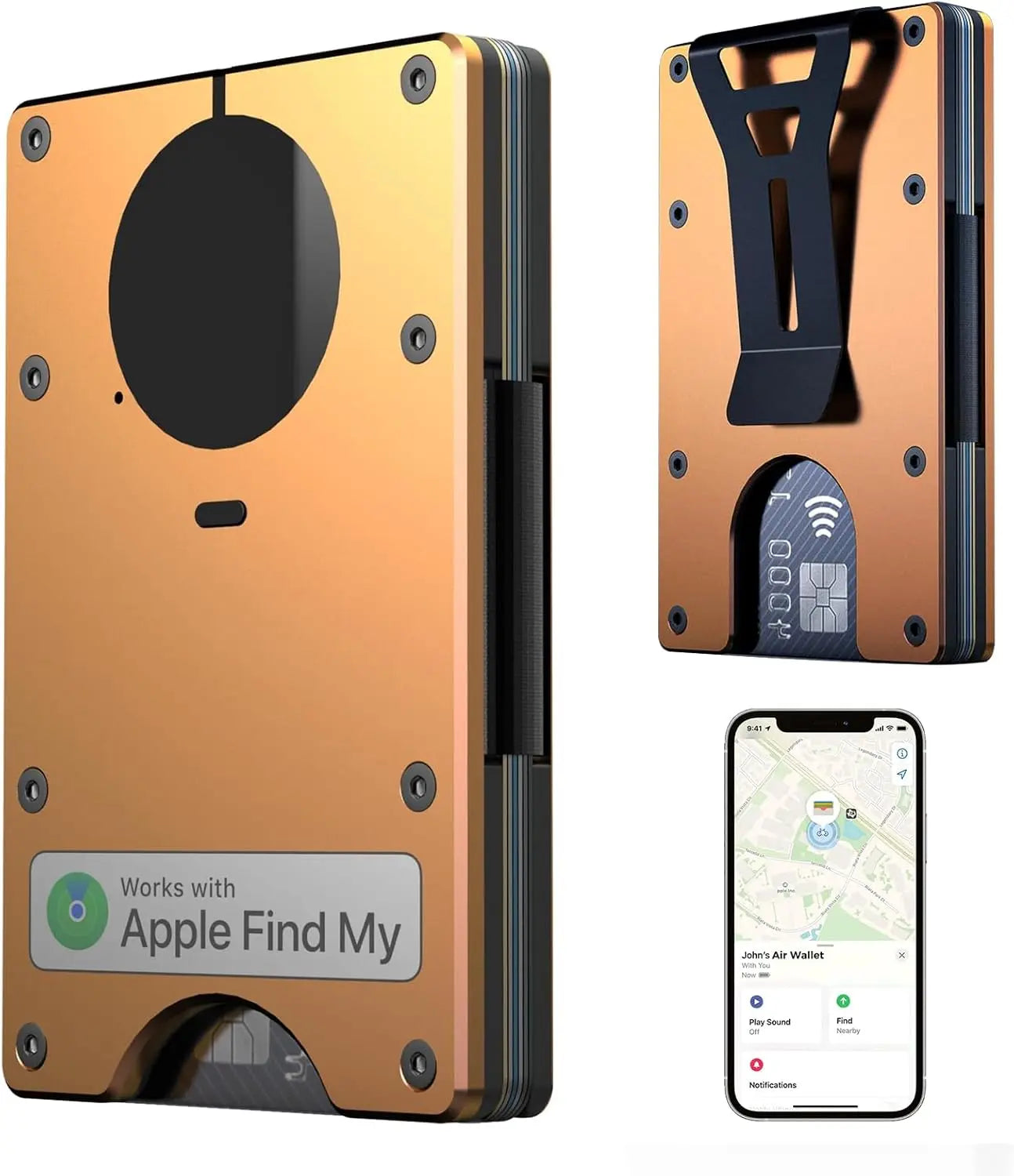 RFID Blocking Credit Card Holder, Slim Wallet For Men, Compatible with Find My iOS Only, Detachable Money Clip