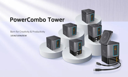 6-in-1 105W Charging Station with Retractable USB-C Cable Power Combo Tower for Multiple Devices Fast Charger for iPhone, Airpod