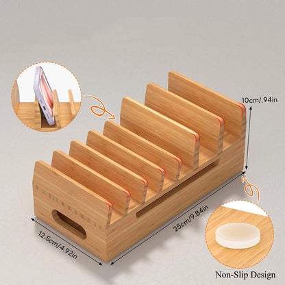 Bamboo Charging Station for Multiple Devices Desktop Docking Stations Holder for Cell Phone Tablet SmartWatch Earbuds Stand