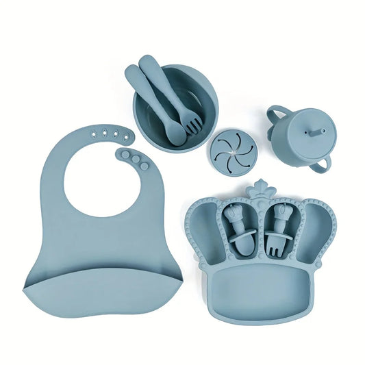 11pcs Silicone Baby Feeding Set: 1 Bowl, 1 Bib, 5-grid Plate, 2 Spoons & 2 Forks (Long & Short), 1 Cup with 2 Lids and 1 Straw