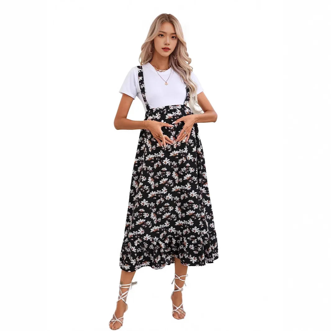 Maternity Dresses Halter Clothing Dress for Pregnant Women with A Printed Halter Dress Pregnancy Clothes Printed Skirt