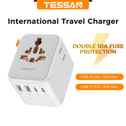 TESSAN Universal Travel Adapter with 2 USB 2 Type C Extra 2 Prong AC Outlet International Plug Adapter for US to EU UK AU Travel
