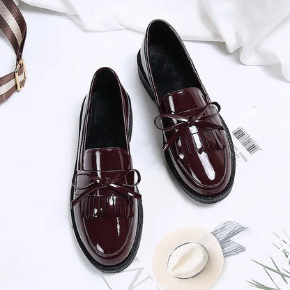 Womens Shoes Patent Leather Women Loafers British Tassel Casual Female Flat Shoes Bowknot Comfortable Small Leather Shoes