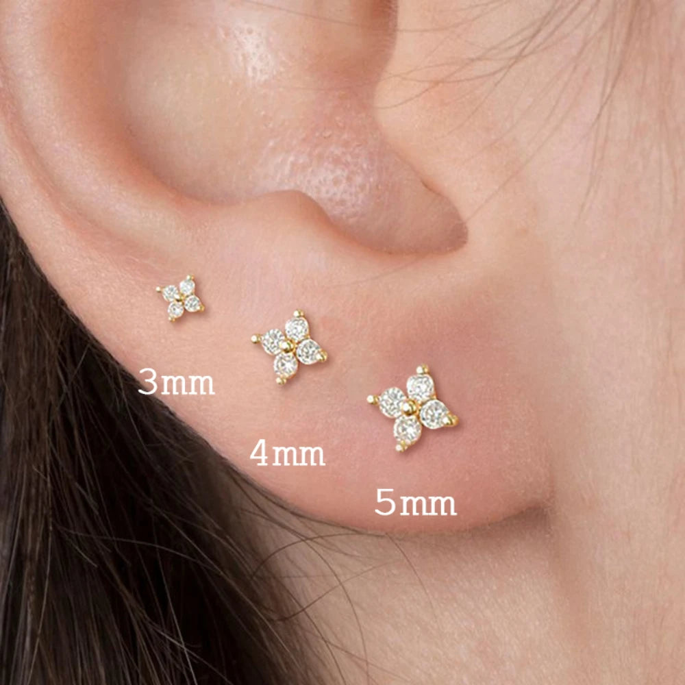 Dainty Flower Stainless Steel Butterfly Stud Earrings for Women Cartilage Ear Ring Cute Zircon Gold Color Clover Jewelry Gift