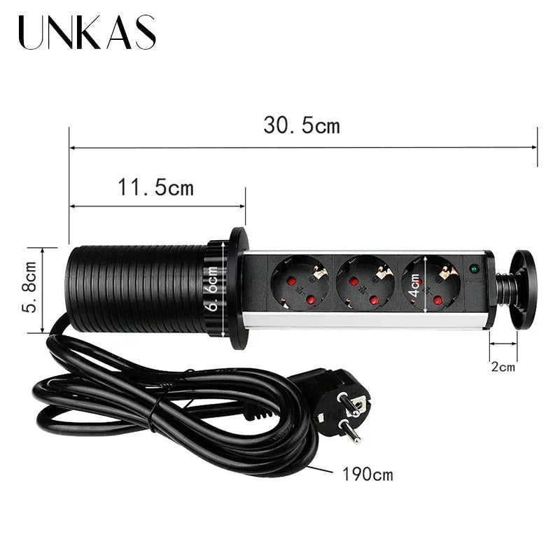 16A PULL POP UP 3 Power EU Socket New Black Color Port Kitchen Table Desktop Sockets Retractable Countertops French Plug