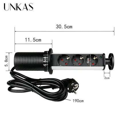 16A PULL POP UP 3 Power EU Socket New Black Color Port Kitchen Table Desktop Sockets Retractable Countertops French Plug