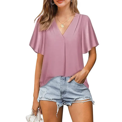 Office Lady Blouse Summer Women V-Neck Loose Short Sleeved T-Shirt  Daily Casual Tops Work Clothes