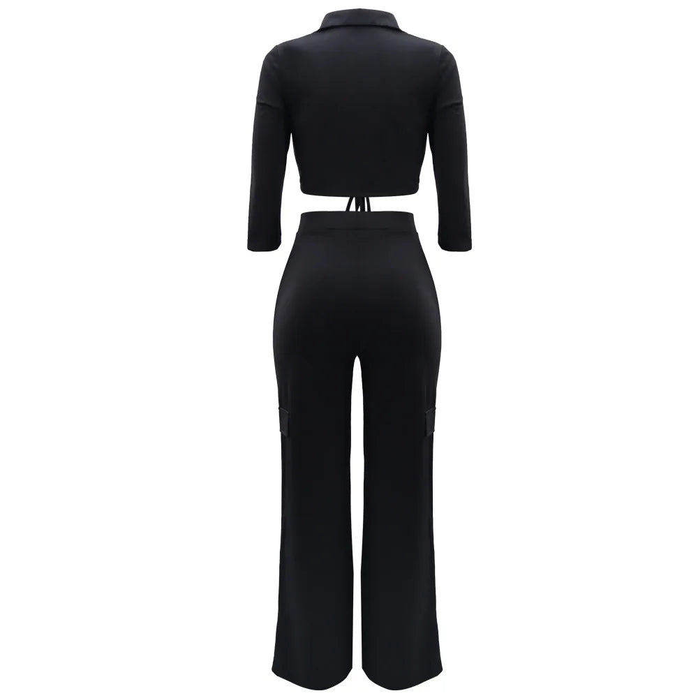 Elegant Office Women Two Piece Sets Autumn V Turn-down Neck Half Sleeve Drawstring Lace Up Short Shirt + Wide Leg Trousers Set