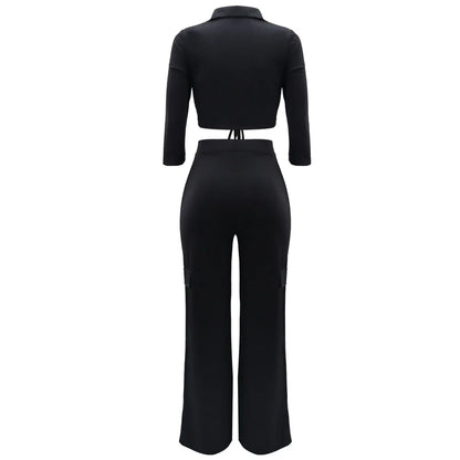 Elegant Office Women Two Piece Sets Autumn V Turn-down Neck Half Sleeve Drawstring Lace Up Short Shirt + Wide Leg Trousers Set