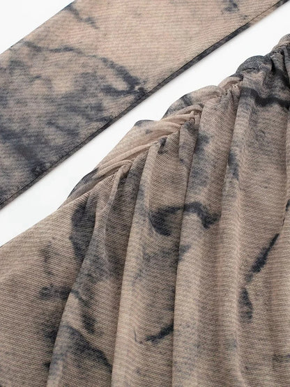 Tangada 2024 Women Print Pleated Mesh Dress Long Sleeve Sexy Famle Stand Collar Maxi Dresses 3H406