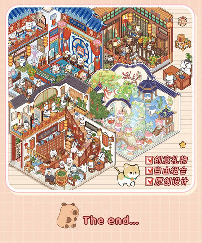 Cartoon 3D Chinatown Landscape Sticker Theater Pharmacy Restaurant DIY Pocket Cabin Scene Stickers Gift for Kid Child