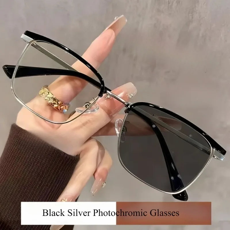 Photochromic Anti Radiation  Glasses  Korean Square Metal Men Women Eyeglasses Fashion Anti Blue Light Glass
