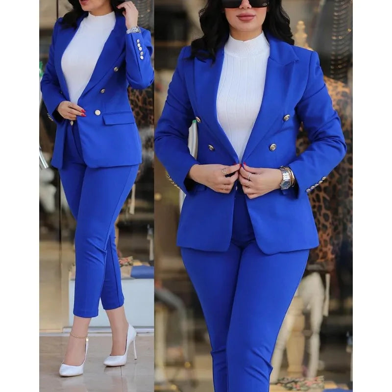 Office Lady 2 Pieces Blazer Set Ladies 2024 Elegant Pant Suit Women Chic Trousers Suit Casual Long Sleeve Jacket High Waist Pant