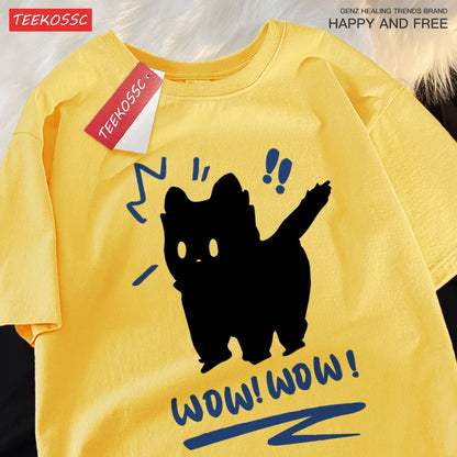 Siblings T Shirts Wow Wow Fun Black Cat Tops Casual Hip Hop Short Sleeve Sport Casual Clothing Cotton Breathable Siblings Tops