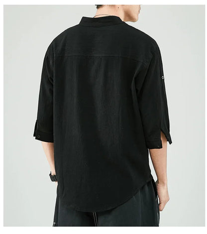 Line Shirt Men's Short-sleeved White Shirt Loose Chinese Style Summer Cotton Linen Casual Jacket Men's Quarter-sleeved Top