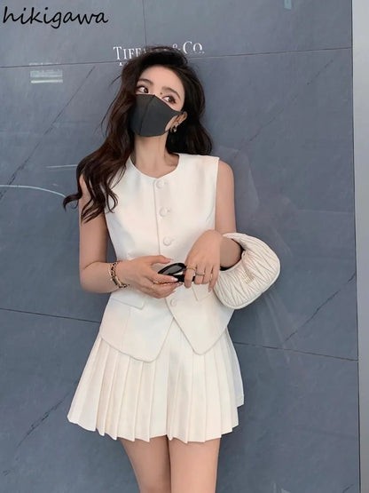 Womans Clothes for 2025 Two Piece Set Sleeveless Tunic Vest Coat High Waist Pleated Mini Skirts Outfits Chic Korean Summer Suit