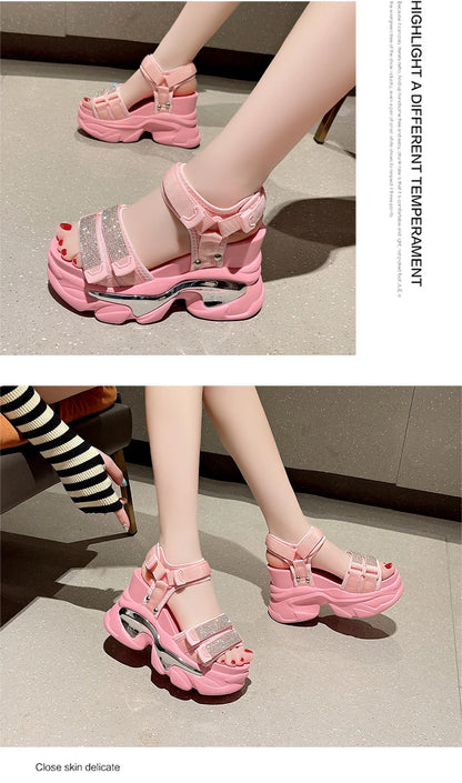 Summer High Platform Women Sandals Buckle 10CM Wedges Bling Shoes Fashion 2023 Outside Chunky Sandals Beach Casual Slides Woman