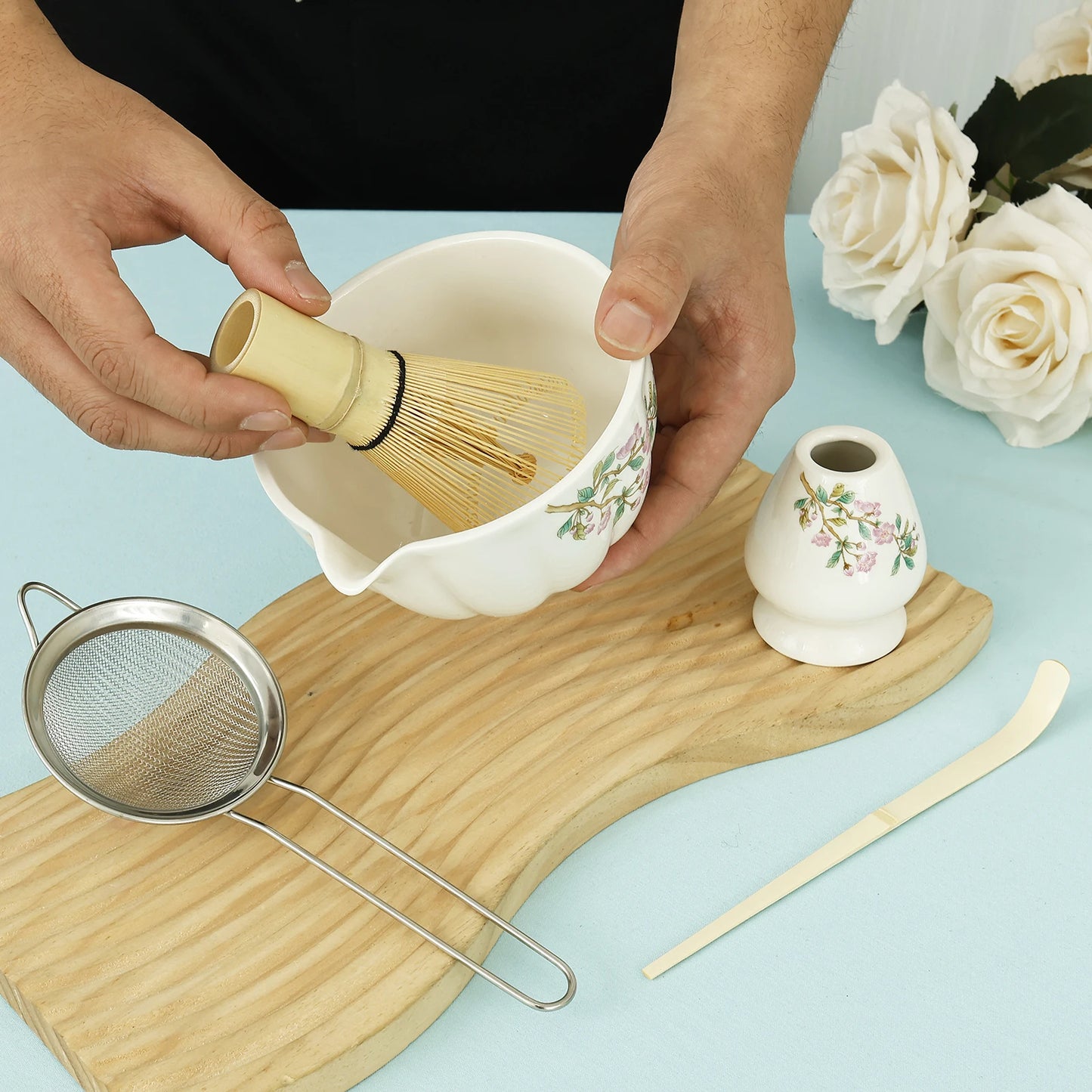 Matcha Whisk and Bowls Kit with Whisk Holder Scoop and Sifter Japanese Style Matcha Making Set Teaset Giftbox for Tea lovers