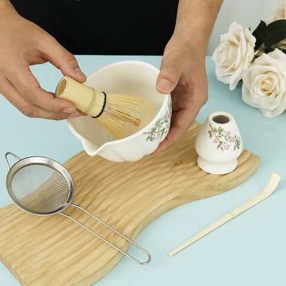 Matcha Whisk and Bowls Kit with Whisk Holder Scoop and Sifter Japanese Style Matcha Making Set Teaset Giftbox for Tea lovers