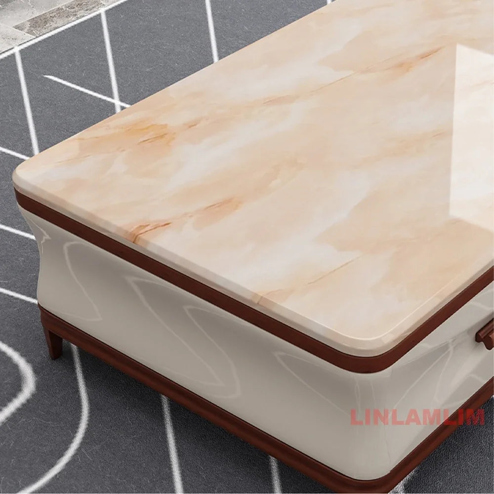 Linlamlim Modern Luxury Living Room Furniture - Coffee Table, TV Stand, and Side Cabinets with Marble Finish and Wooden Accents