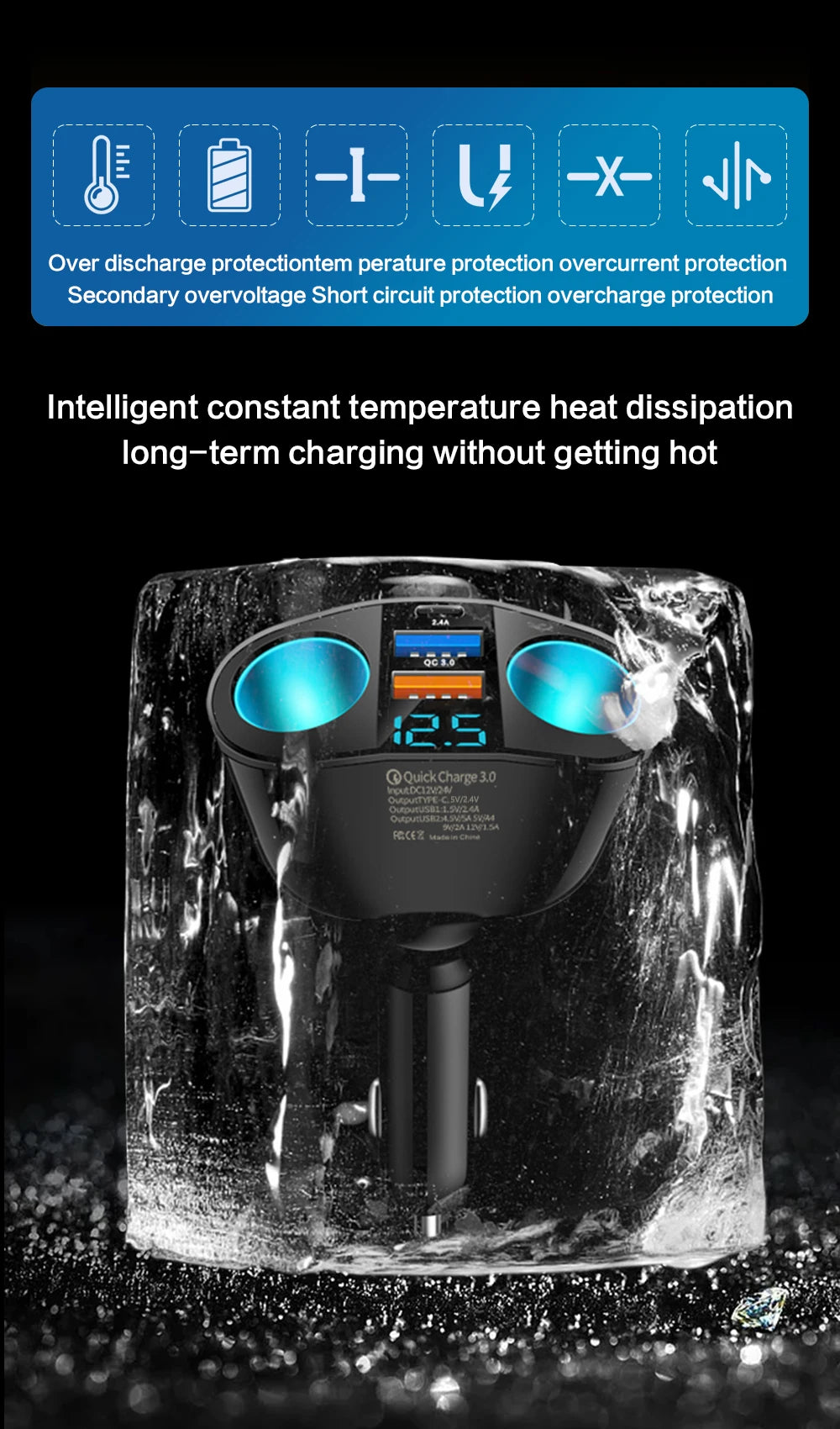 Multiple Devices Can Be Charged at the Same Time with Digital Display Car Charg Dual-port Car Charger Adapter