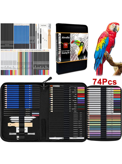 74 Art Set Drawing Supplies - Pro Sketching Kit for Artists Adults , Charcoal, Watercolor, Metallic Colored Pencils in Gift Case