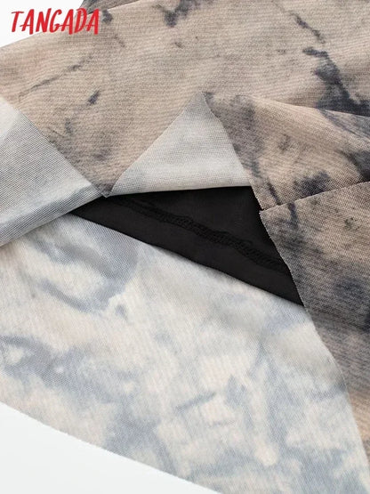 Tangada 2024 Women Print Pleated Mesh Dress Long Sleeve Sexy Famle Stand Collar Maxi Dresses 3H406