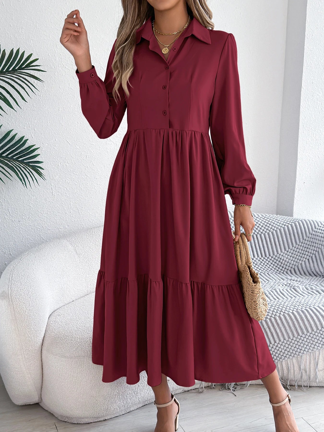 Casual Vacation Long Sleeved Turn-down Collar Single-Breasted Dress Spring Autumn Fashion Women's Clothing