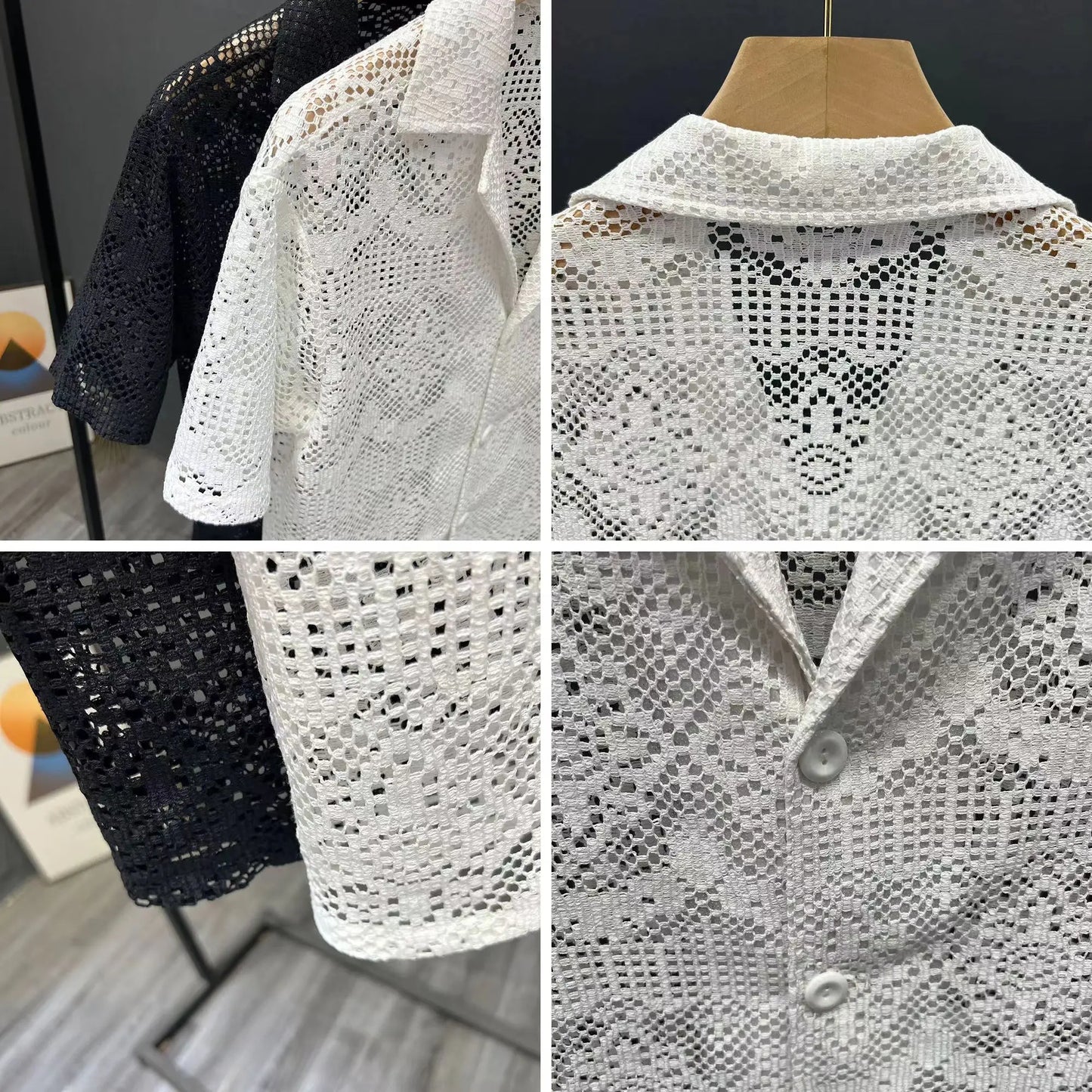 Vintage Ice Silk Lace Shirts For Men Sexy Lace Breathable Hollow Out Tops Summer Fashion Cuban Collar Short Sleeved Shirt Male