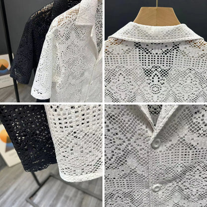 Vintage Ice Silk Lace Shirts For Men Sexy Lace Breathable Hollow Out Tops Summer Fashion Cuban Collar Short Sleeved Shirt Male