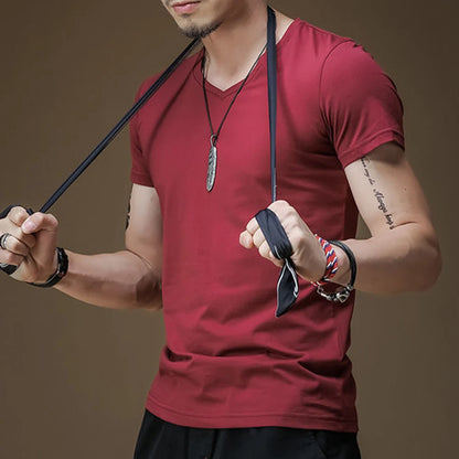 Mens T Shirt Solid Colour V Neck Short Sleeve Top T Shirt Leggings Gym Wear