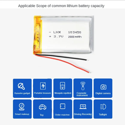 3.7V 103450 2000mah Polymer Lithium Rechargeable Battery  for MP5,Toys,Cameras, GPS, Bluetooth, Speakers High Capacity