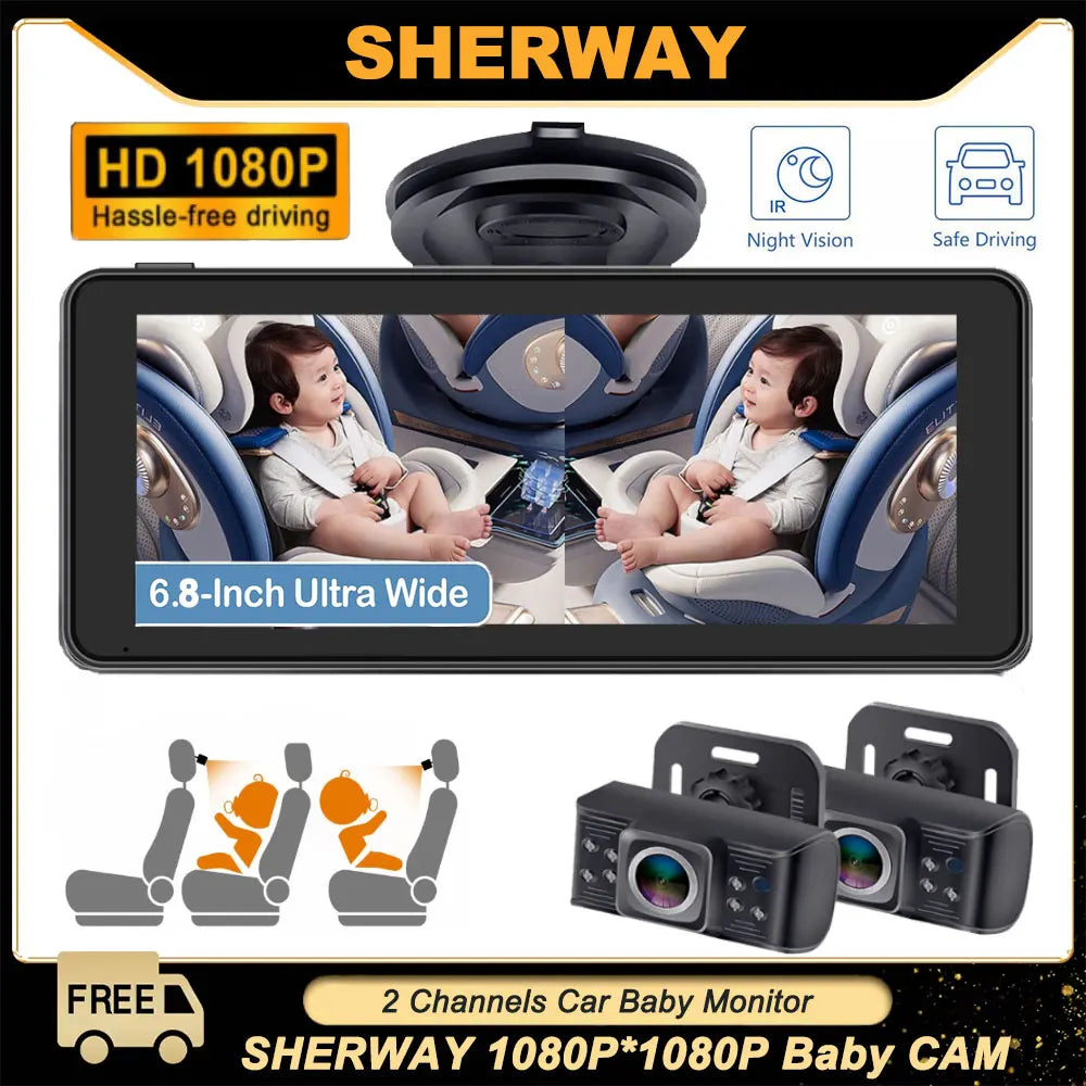 Car Baby Mirror Dual Channel Back Seat Baby Car Camera 1080P with Rear View Car Monitor 6.8'' IPS Screen Kids Pet Night Vision