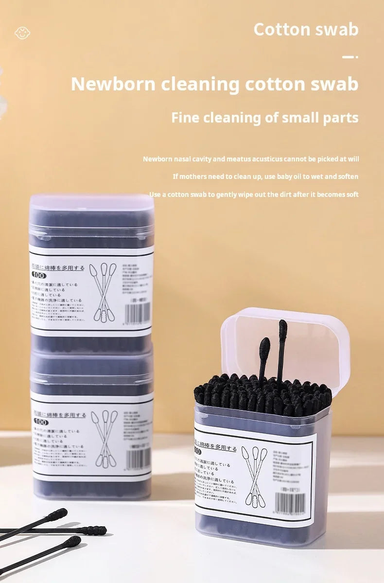 New Boxed Black Cotton Swabs Japanese Earpick Cotton Swabs Clean Blackhead Earpick Disposable Double-ended Cotton Swabs