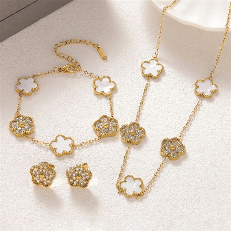 316L Stainless Steel 2025 New Fashion Fine Jewelry Set Zircon 5-Leaf Flowers Charm Chain Necklaces Bracelets Earrings For Women
