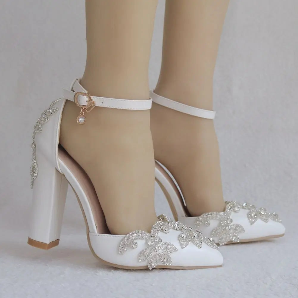 2025 Thick Heel Pointed Toe Shoes Large Size  Thick Heel Sandals Women Rhinestone Wedding Shoes Women White Wedding Shoes Drill