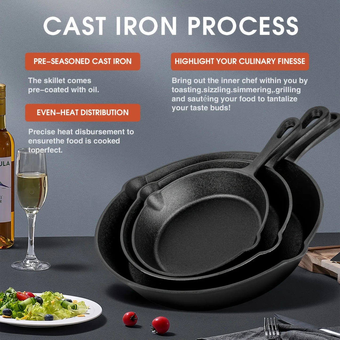 [Durable Cookware] Black Cast Iron Skillet Set - 3pcs, Durable, Dishwasher Safe - Everyday Cookware