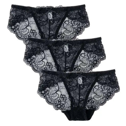 3PCS Hollow Out See Through Underpants Comfortable Briefs Sexy Ladies Lace Transparent Panties Low-Rise Lingerie
