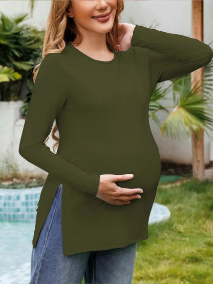 Spring New Maternity Clothes Round Neck Solid Color Slit Long Sleeve Base T-shirt Tops For Pregnant Women Maternity Wear