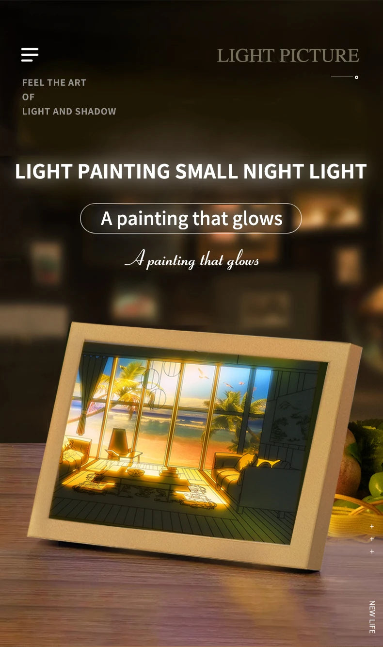 Beautiful LED Light Painting Indoor Sunlight Window Wooden Photo Light Dimming Wall Artwork Table Lamp Home Decor Night Lamp