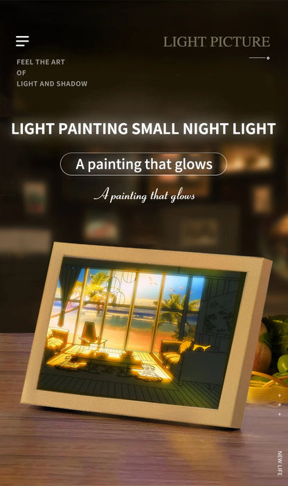 Beautiful LED Light Painting Indoor Sunlight Window Wooden Photo Light Dimming Wall Artwork Table Lamp Home Decor Night Lamp