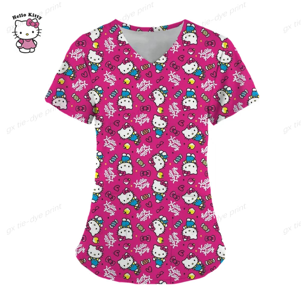 Hello Kitty Print surgical uniforms pharmacy hospital nurse scrubs tops breathable beauty salon dentistry pet doctor overalls