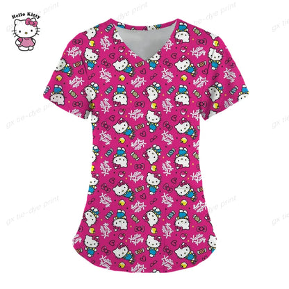 Hello Kitty Print surgical uniforms pharmacy hospital nurse scrubs tops breathable beauty salon dentistry pet doctor overalls