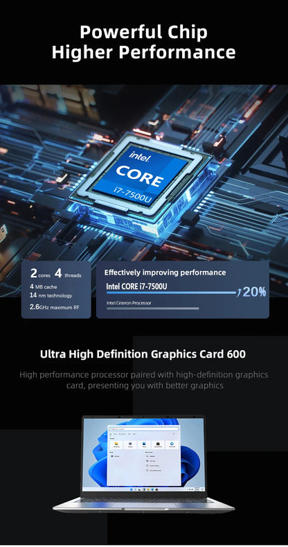 Intel Core i7-7500U 14.1 inch Laptop Computer Portable Windows 11 Notebook 12GB RAM 1TB 2TB SSD Office Study Laptops