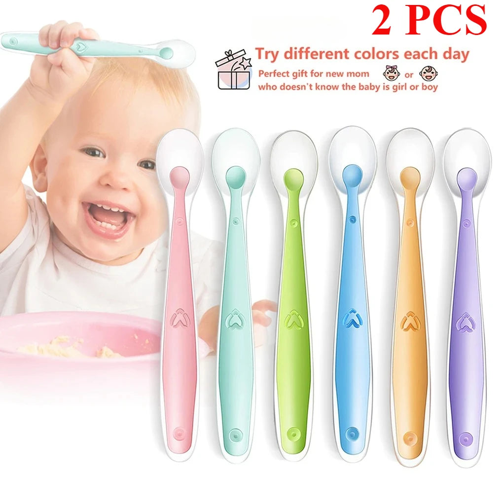 2pcs Baby soft silicone Spoon & PP Transparent Box Baby Feeding Soft Tip Tableware Learning Eat Training Auxiliary Tools