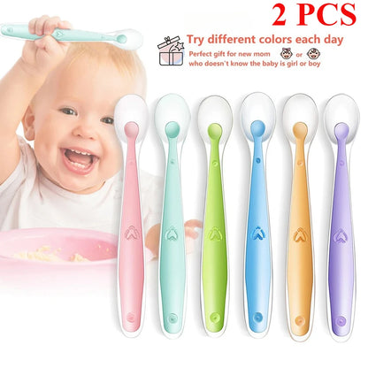 2pcs Baby soft silicone Spoon & PP Transparent Box Baby Feeding Soft Tip Tableware Learning Eat Training Auxiliary Tools