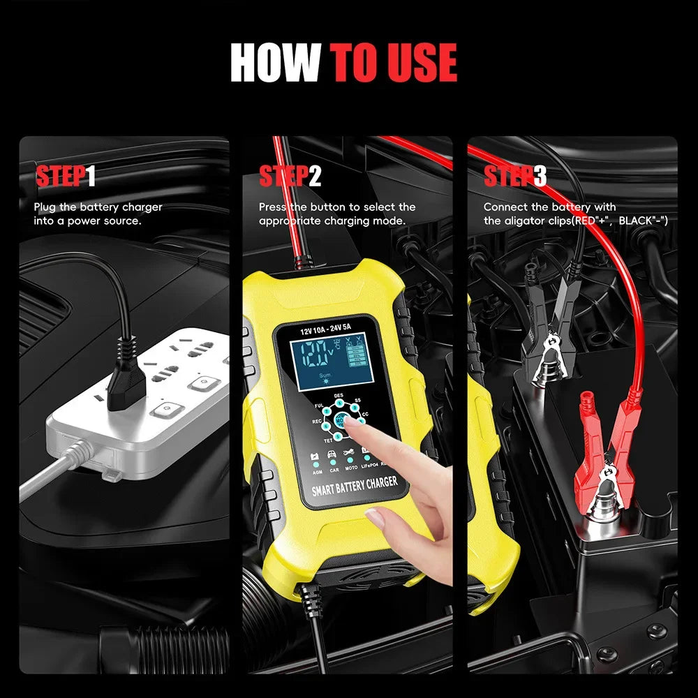 Car Battery Chargers 12V/10A 24V/5A Full Automatic AGM Wet Smart Battery Chargers Maintainer Portable Battery Chargers