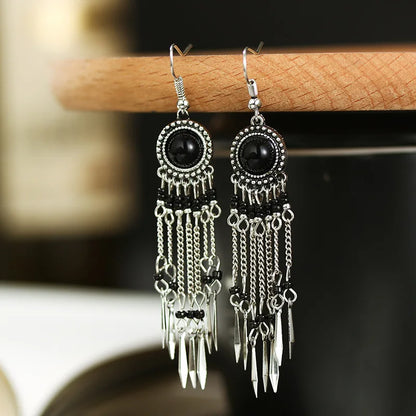 Bohemian Long Tassel Earrings For Women Handmade Jewelry Beads Chain Drop Earrings Big Round Resin Stone Dangle Ethnic Earrings