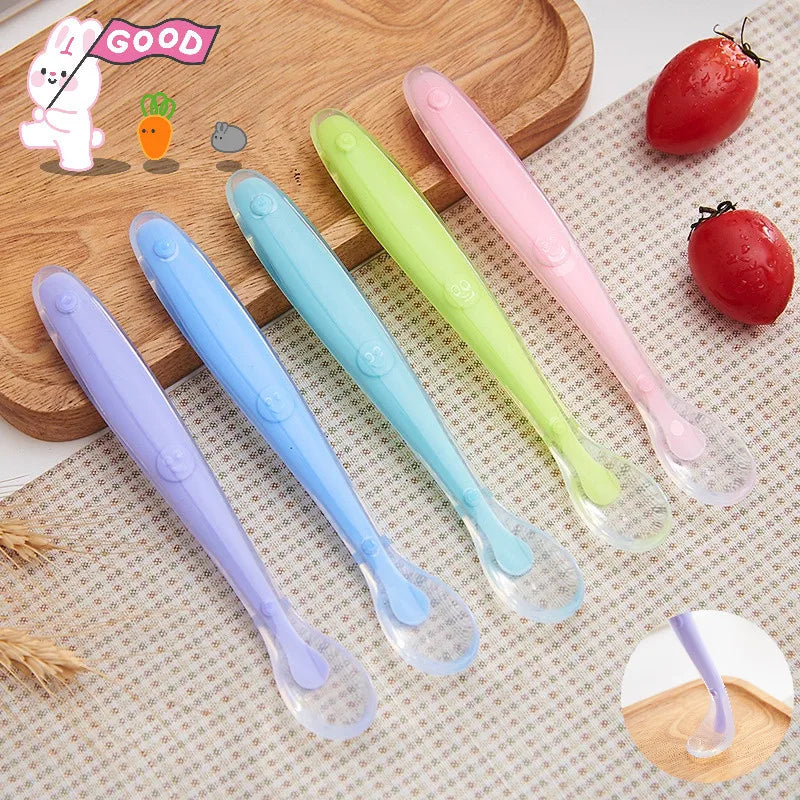 Baby Soft Silicone Spoon Soft Head Soup Spoon Baby Eating Training Spoon and Storage Box Feeding Tableware Set